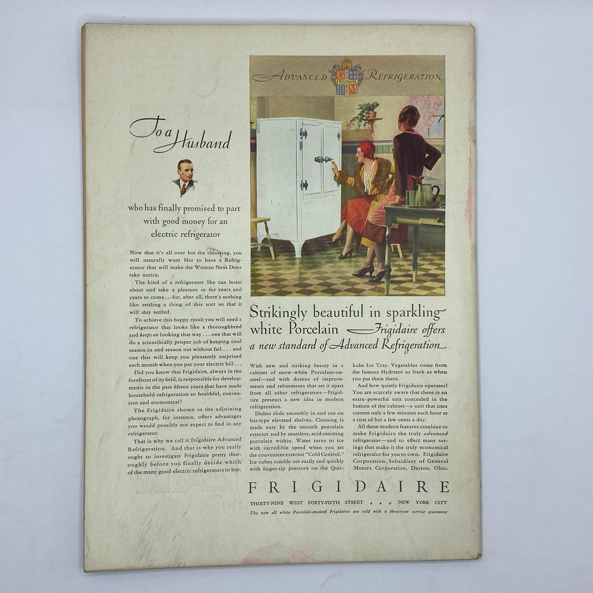 Vintage advertisement for Frigidaire refrigerators, emphasizing the appliance’s features and aesthetics, as seen in The New Yorker magazine, April 11, 1931.