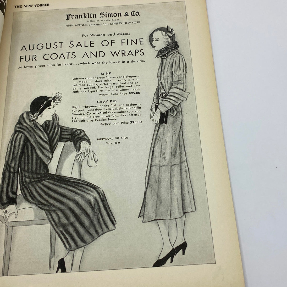 Advertisement for Franklin Simon & Co. featuring fine fur coats and wraps from The New Yorker Complete Magazine August 1, 1931, showcasing elegant fashion illustrations.