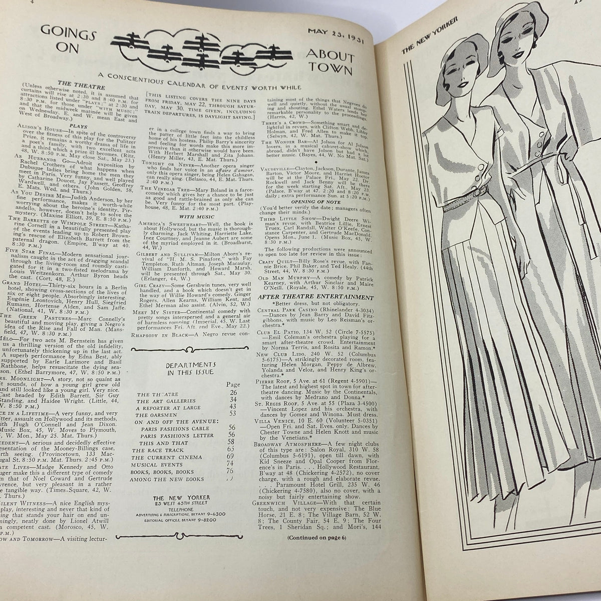 Interior page from The New Yorker magazine dated May 23, 1931, featuring 'Goings On About Town' section, showcasing events and entertainment listings with eye-catching black and white graphics. This page captures the vibrant cultural atmosphere of the era.