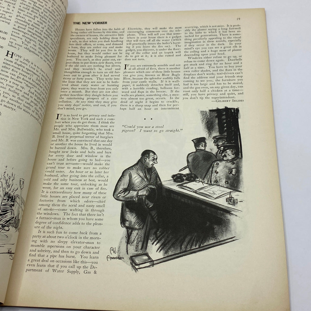 The New Yorker magazine dated May 23, 1931, contains a humorous illustrated story with a cartoonish depiction of a man at a counter talking to police officers, highlighting the magazine's classic blend of art and satire.