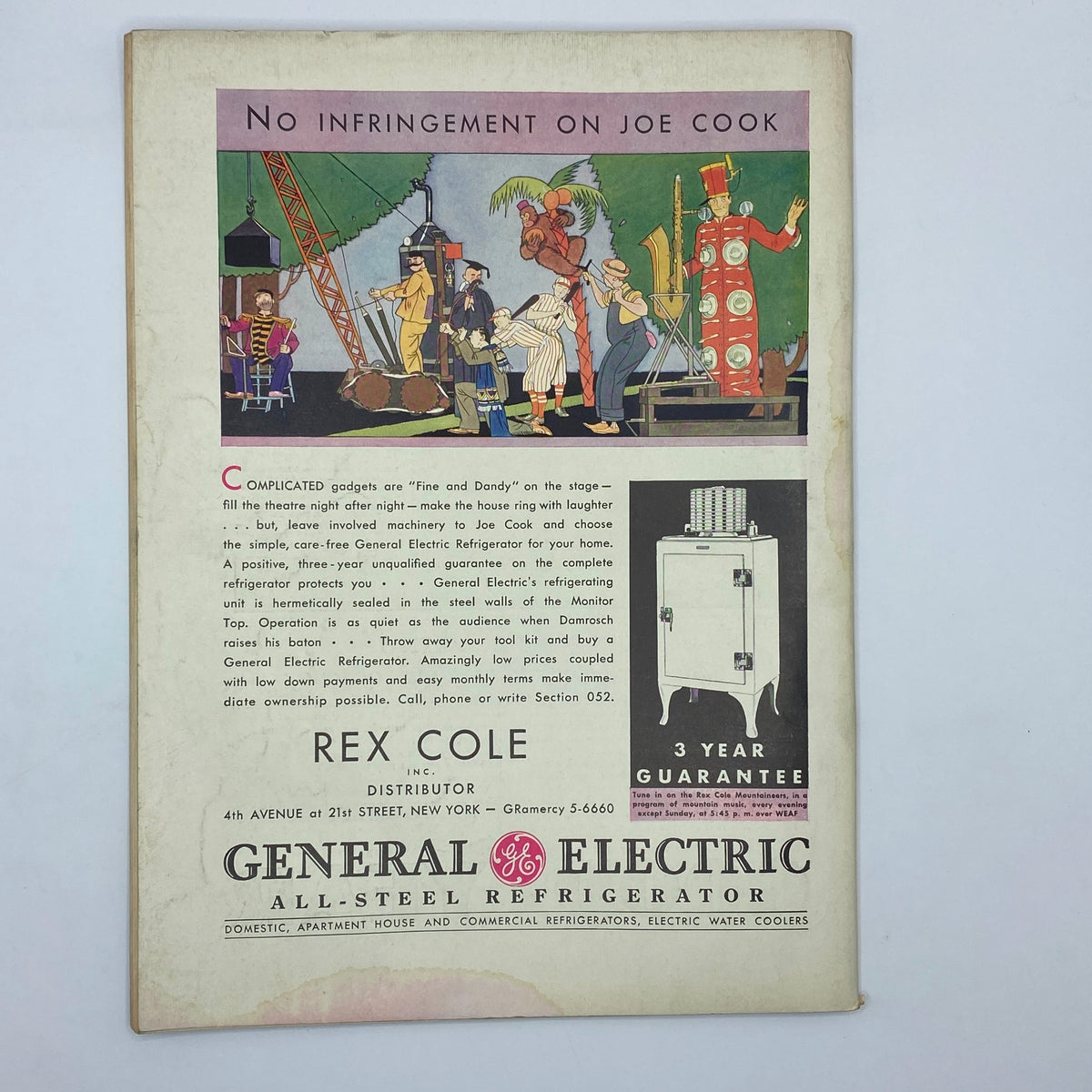 Back cover of The New Yorker magazine dated May 23, 1931, featuring a colorful advertisement for General Electric refrigerators, showcasing vintage style and design elements, reflecting advertising trends of the time.