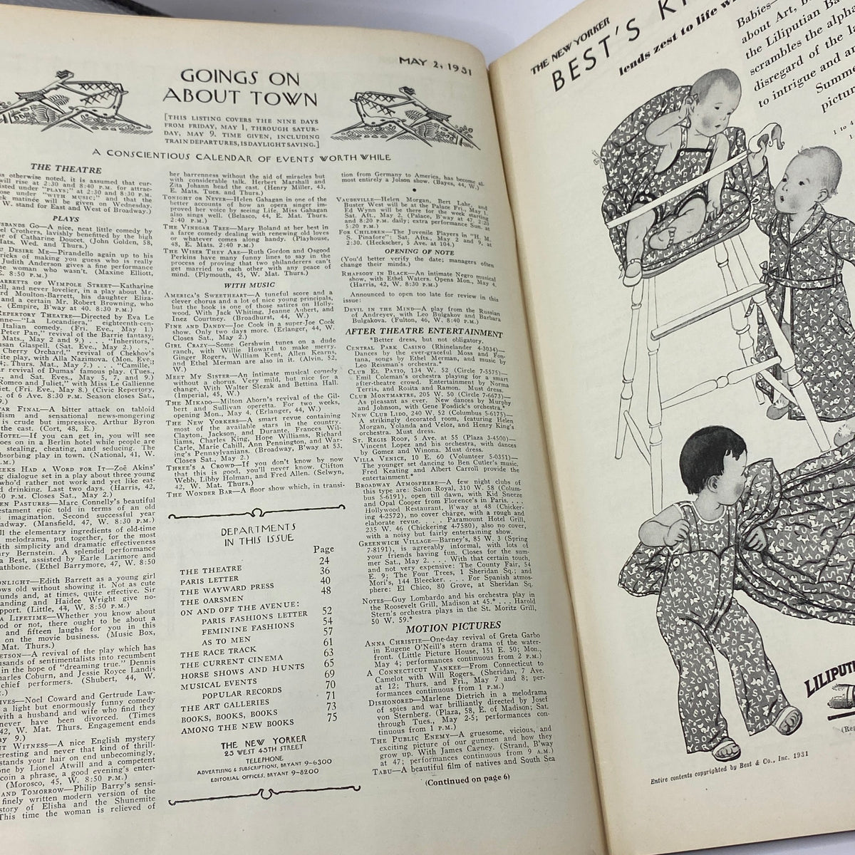 Interior page of The New Yorker magazine from May 2, 1931 showcasing events in 'Goings On About Town' section, including calendar of events and detailed articles, featuring artwork and illustrations.