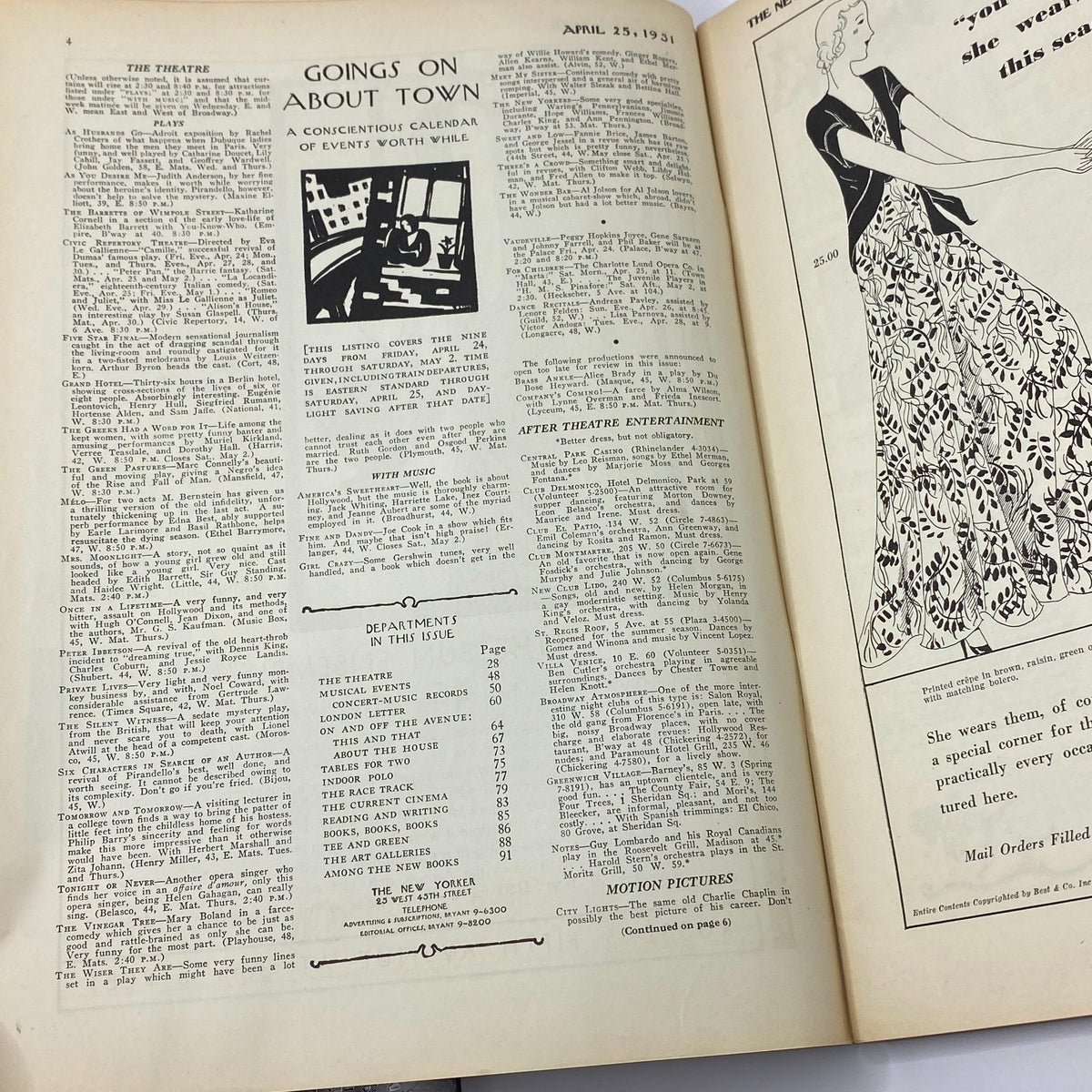 Interior page of The New Yorker magazine dated April 25, 1931 featuring the 'Goings on About Town' section, showcasing events and department listings.