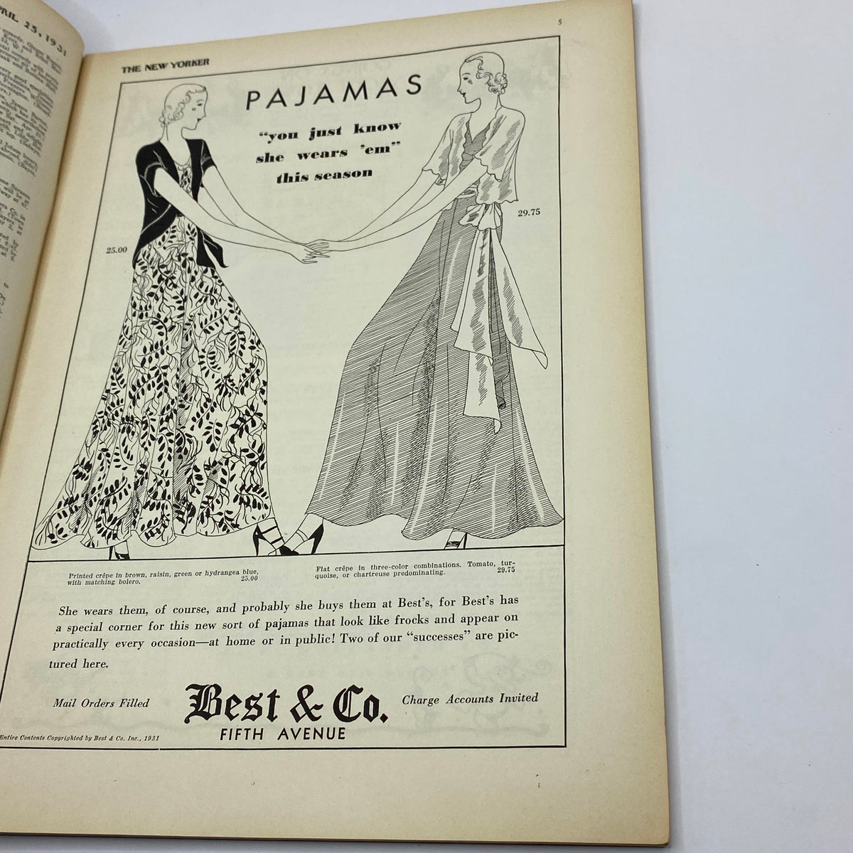Interior page of The New Yorker magazine dated April 25, 1931 displaying an advertisement for pajamas with illustrated models, emphasizing fashion trends of the era.