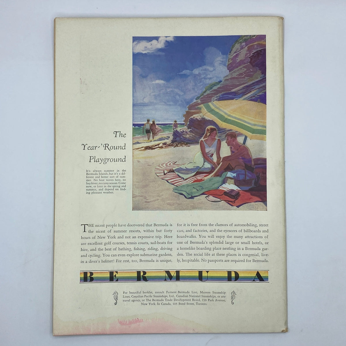 Back cover of The New Yorker magazine dated April 25, 1931 featuring an illustrated advertisement promoting Bermuda as an ideal year-round vacation destination.