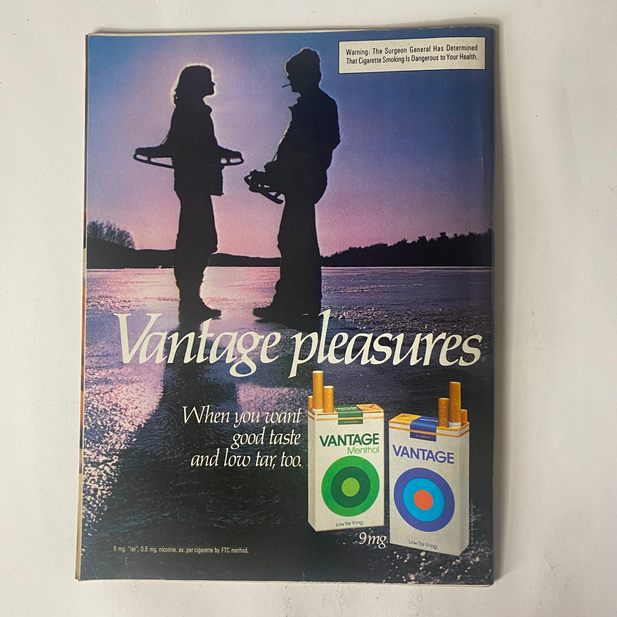 Back cover of Sports Illustrated Magazine January 11, 1982 Vol 56 No. 1 featuring an advertisement for Vantage cigarettes, highlighting its branding and health warning.