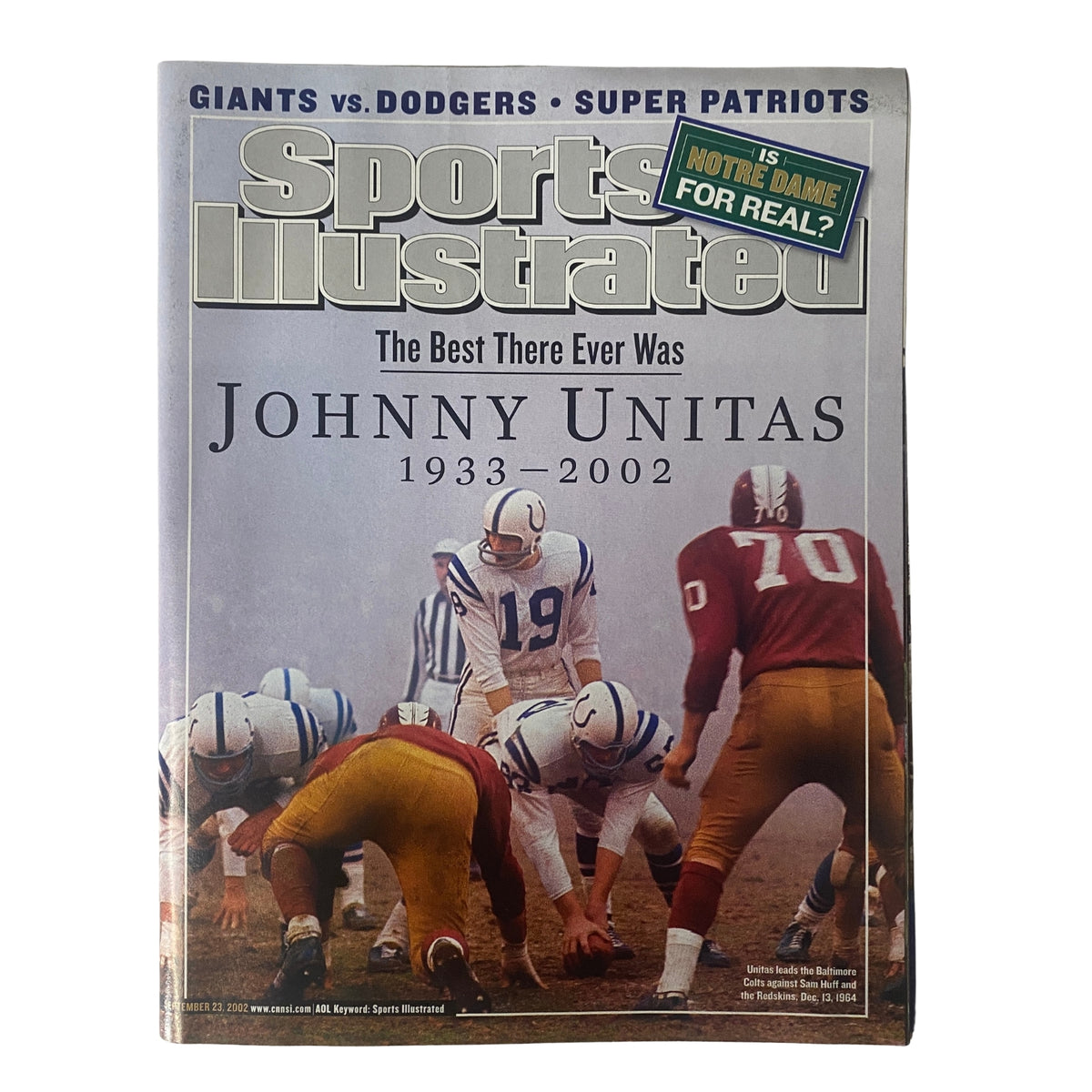 Sports Illustrated Magazine featuring a tribute to Johnny Unitas, dated September 23, 2002. The cover highlights Unitas's legacy with the inscription 'The Best There Ever Was, 1933-2002'. A significant collector's item for sports fans.