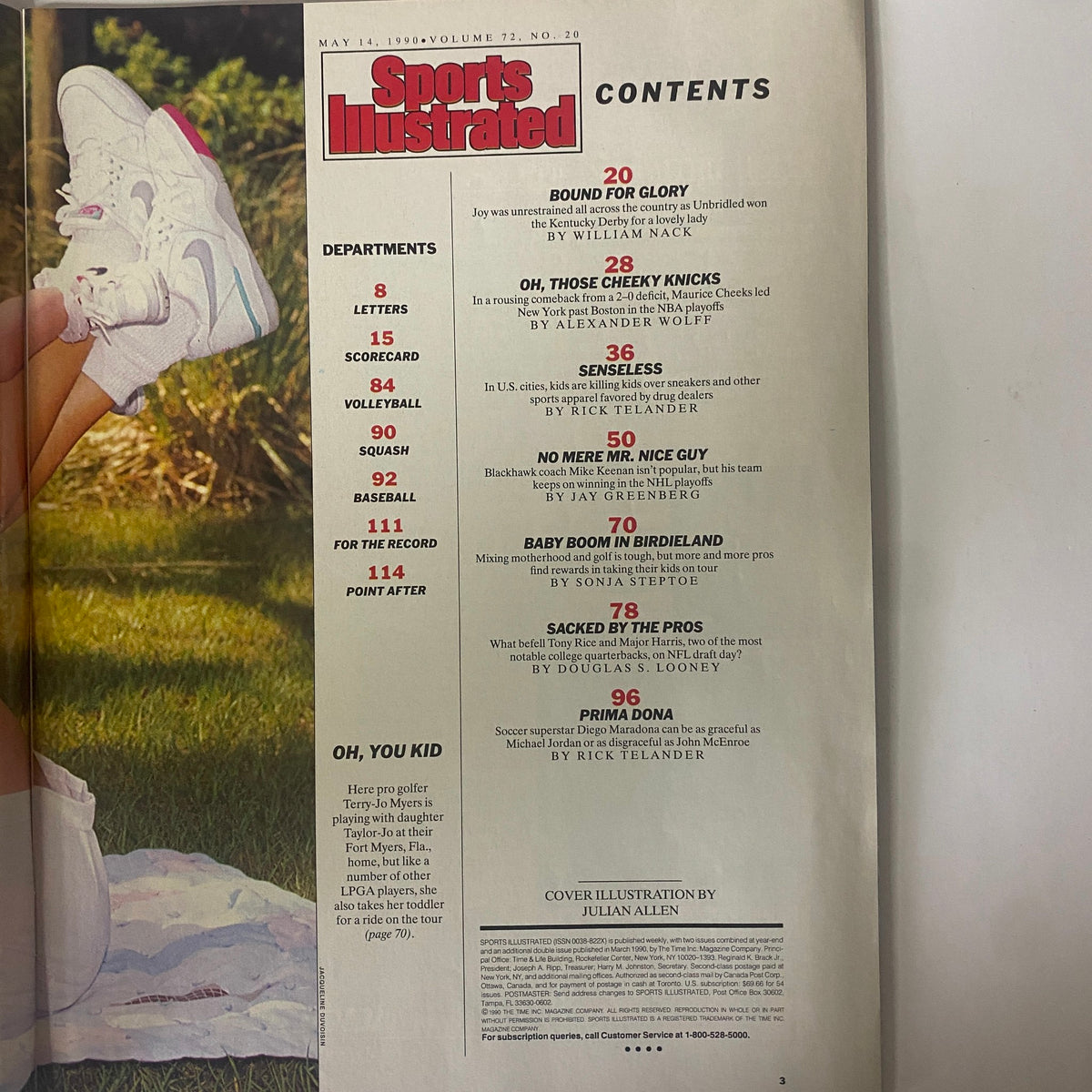 Contents page of Sports Illustrated Magazine May 14, 1990 Vol 72 No 20, detailing articles including 'Bound for Glory,' 'Oh, Those Cheeky Knicks,' and the cover story 'Senseless' addressing youth violence.
