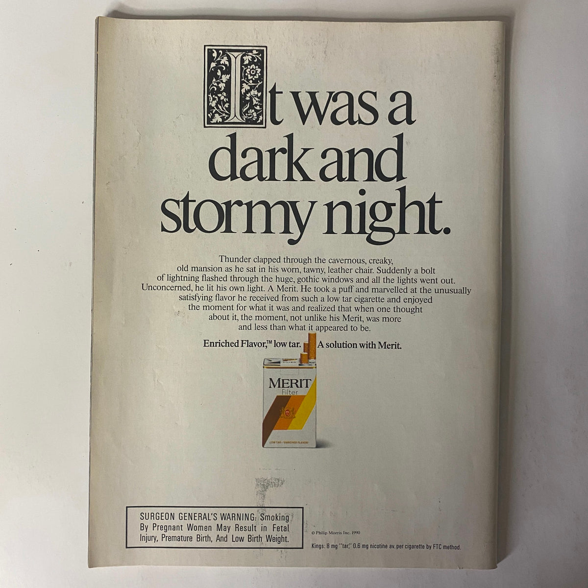 Back cover of Sports Illustrated Magazine May 14, 1990 Vol 72 No 20, featuring a vintage advertisement with the phrase 'It was a dark and stormy night,' promoting a smoking brand.