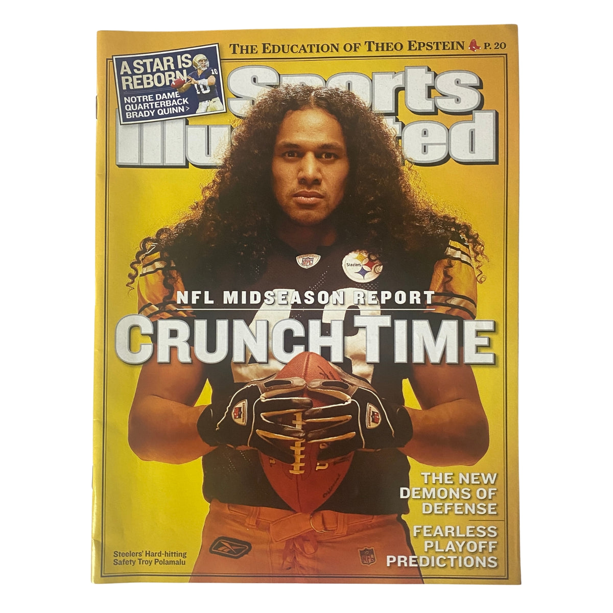 Cover of Sports Illustrated Magazine November 15, 2005 featuring Pittsburgh Steelers safety Troy Polamalu, highlighting the NFL midseason report with the focus on playoff predictions and emerging stars.