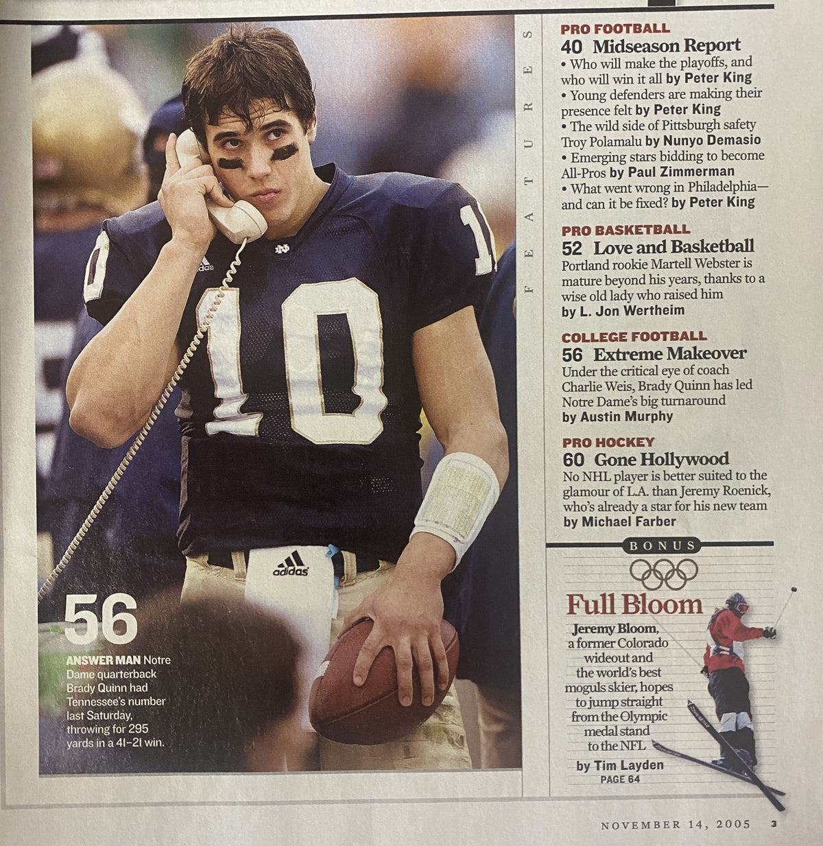 Sports Illustrated Magazine November 15, 2005 featuring Notre Dame quarterback Brady Quinn on the phone, part of the NFL midseason report. The image highlights key moments from the issue focused on Troy Polamalu and NFL playoff outlooks.