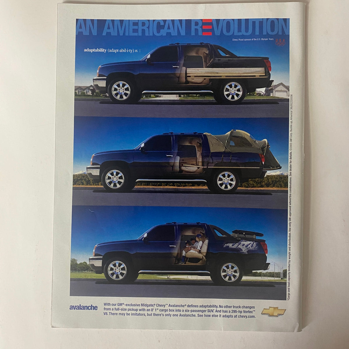 Sports Illustrated Magazine November 15, 2005 advertisement showcasing the Chevrolet Avalanche truck, emphasizing adaptability. This ad appears in the context of the issue featuring Troy Polamalu on the cover.
