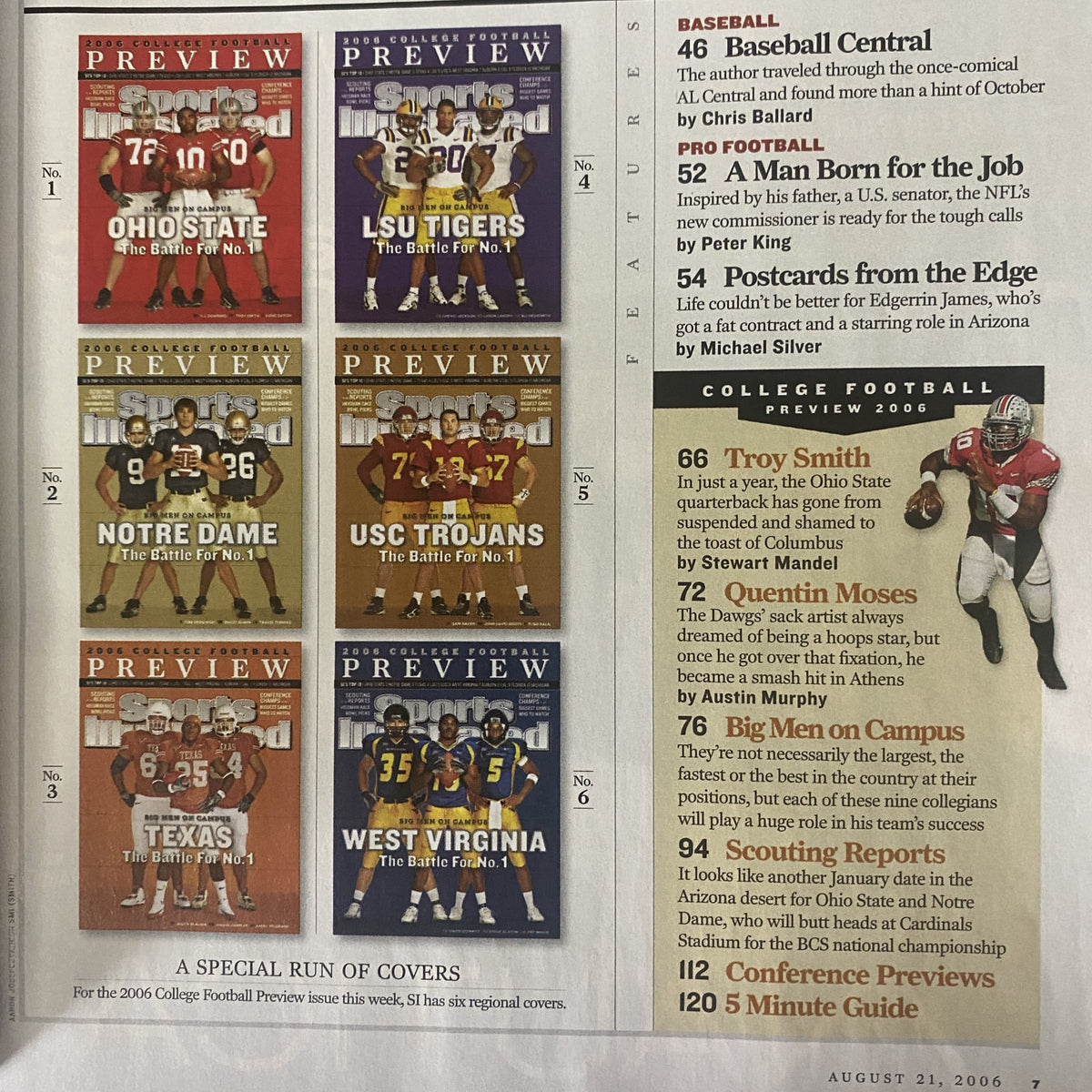Inside Sports Illustrated Magazine August 21, 2006 showcasing various college football preview covers including Notre Dame, Ohio State, and USC and their key players.