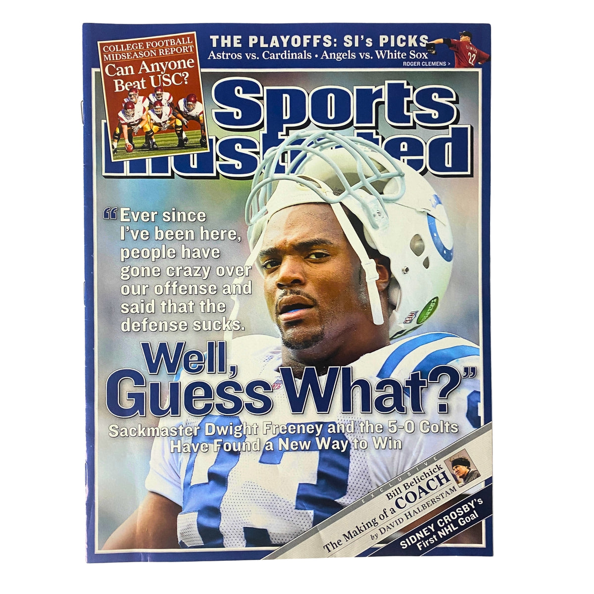 Cover of Sports Illustrated Magazine October 17, 2005 featuring Dwight Freeney, with a focus on his role in the Indianapolis Colts' defense and an article titled 'Well, Guess What?' highlighting the team's performance.
