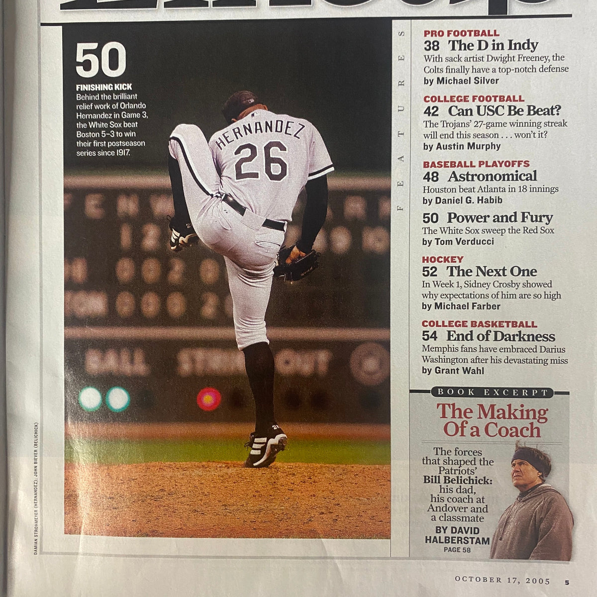 Inside page of Sports Illustrated Magazine October 17, 2005 showing the table of contents, including features on Dwight Freeney and the upcoming NFL and MLB playoff highlights.