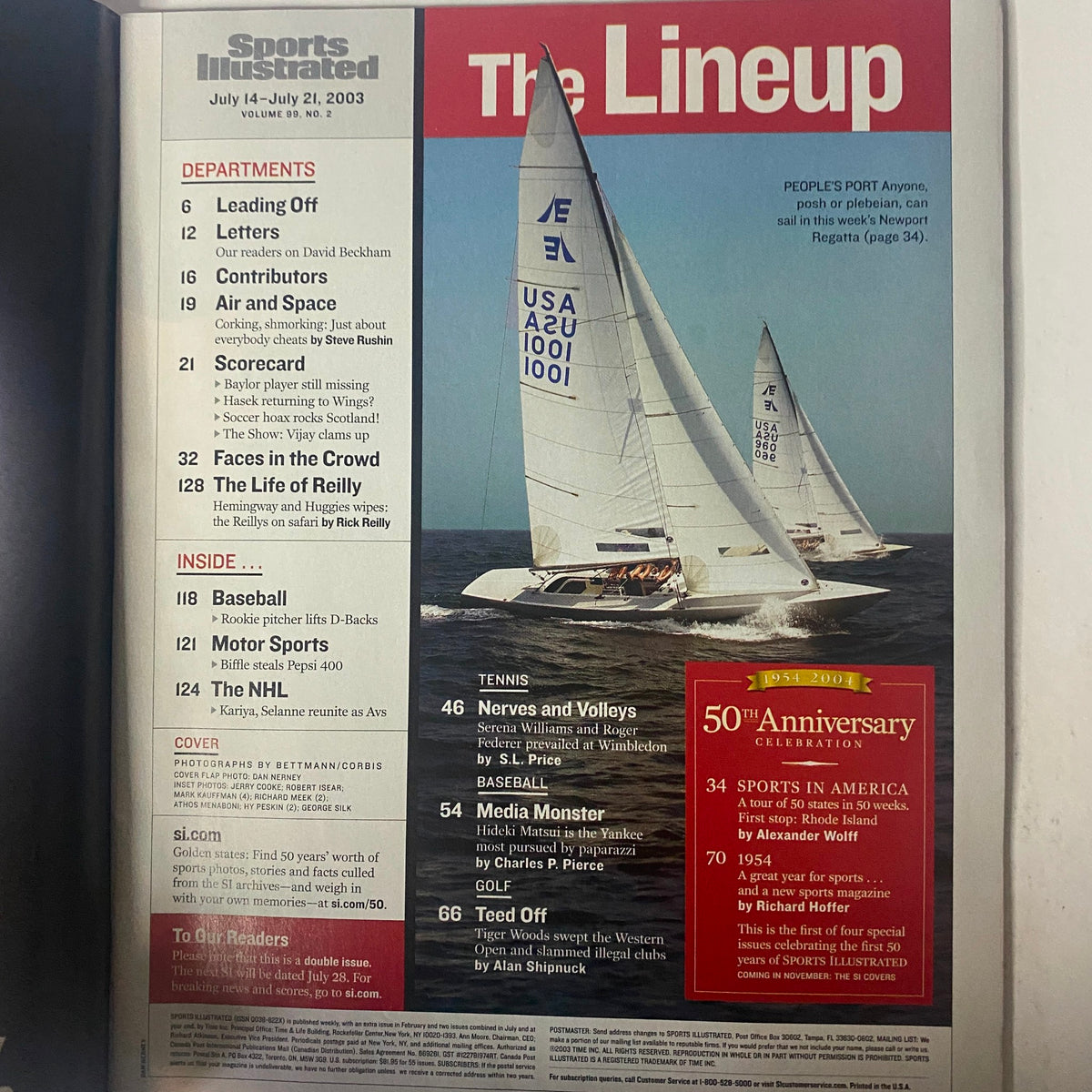 Inside page of Sports Illustrated Magazine July 14, 2003 showcasing the lineup of articles, departments, and highlights related to sports for the 50th Anniversary celebration.