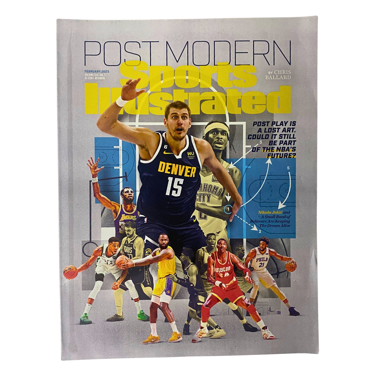Sports Illustrated Magazine February 2023 featuring Nikola Jokić and LeBron James on the cover, highlighting post play in basketball and the influence of NBA superstars.