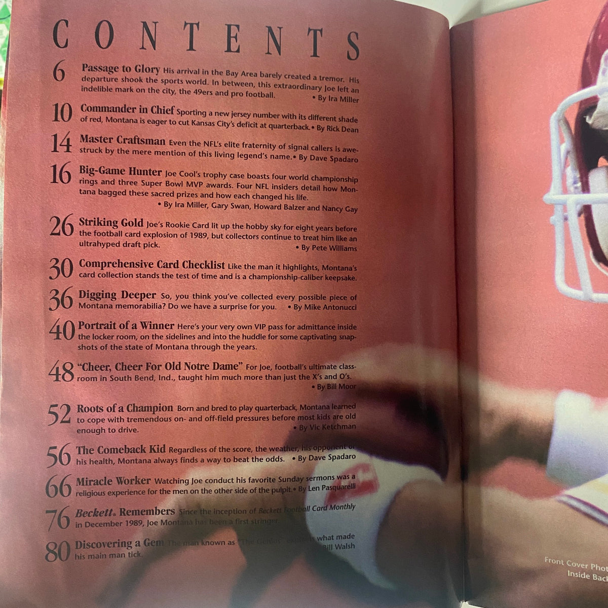 Table of contents from 1993 Beckett Magazine Issue 2, dedicated to Joe Montana, outlining featured articles including his career highlights and football memorabilia.
