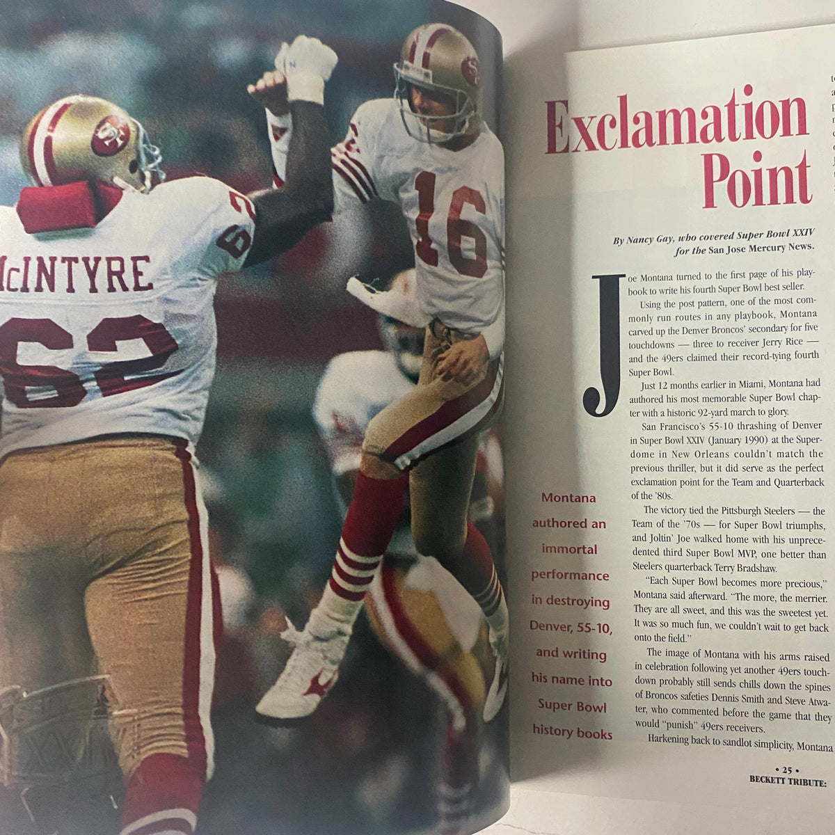 Page from 1993 Beckett Magazine Issue 2 illustrating Joe Montana celebrating with teammates, referencing his performance in Super Bowl XXIV and his impact on NFL history.