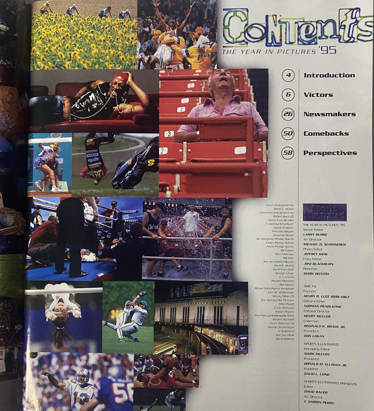 Sports Illustrated Magazine 1995 The Year in Pictures contents page displaying various sports moments, including photographs and sections like Introduction, Victors, Newsmakers, Comebacks, and Perspectives.