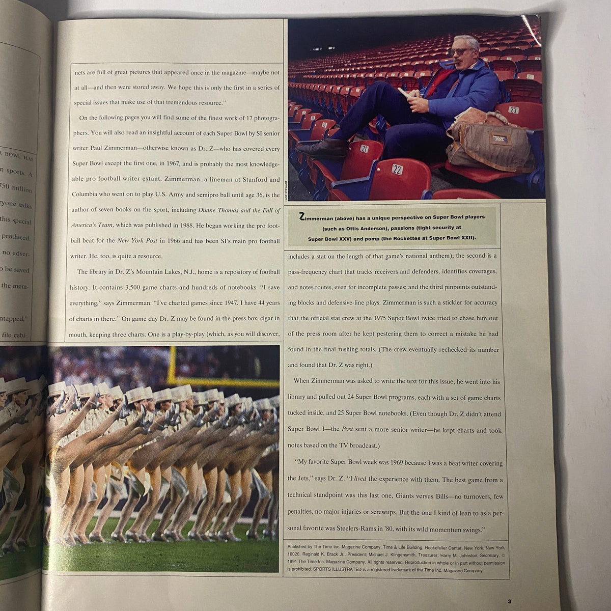 An inside page from the 1991 Sports Illustrated 'Dr. Z's 25 Years of Super Bowl Memories' showcasing Paul Zimmerman in a stadium, reflecting on Super Bowl history.