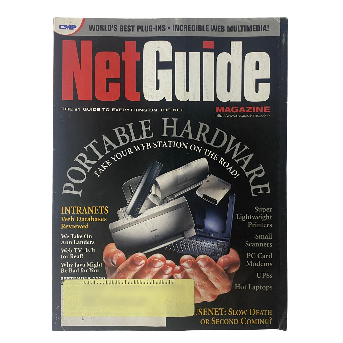 Cover of NetGuide Magazine September 1996 Vol 3 No. 9, featuring 'Portable Hardware' with a collage of portable tech gadgets including laptops, printers, and modems, emphasizing mobility with the tagline 'Take Your Web Station on the Road.'