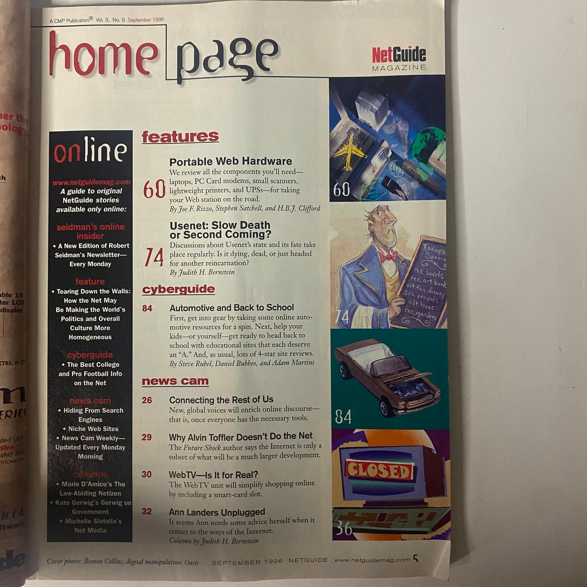 Table of contents page from NetGuide Magazine September 1996 Vol 3 No. 9, highlighting features on portable web hardware, Usenet discussions, and online resources for students, reflecting the magazine's focus on the evolving internet landscape.
