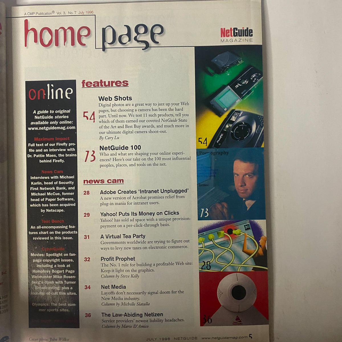 Interior page of NetGuide Magazine July 1996 Vol 3 No. 7 highlighting features including Web Shots: Digital Photos, Adobe's new Intranet Unplugged, and Yahoo's pay-per-click advertising.