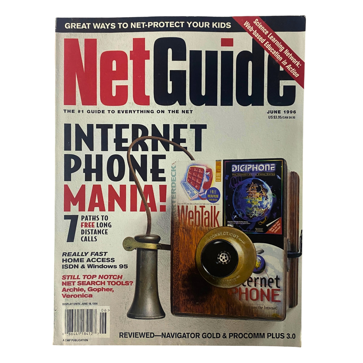 NetGuide Magazine June 1996 cover featuring 'Internet Phone Mania' with vintage phone graphics, highlighting topics on free long distance calls and web tools.