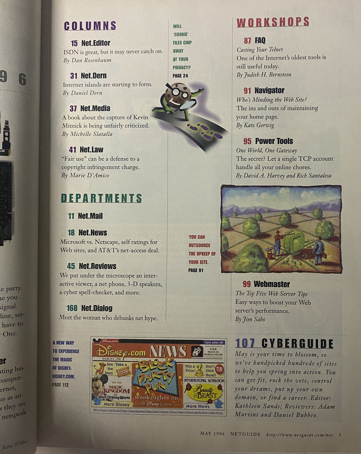 Inside page of NetGuide Magazine May 1996 showcasing columns and workshops including topics like ISDN, web server tips, and maintaining web pages, highlighting the competitive landscape of early web technology.