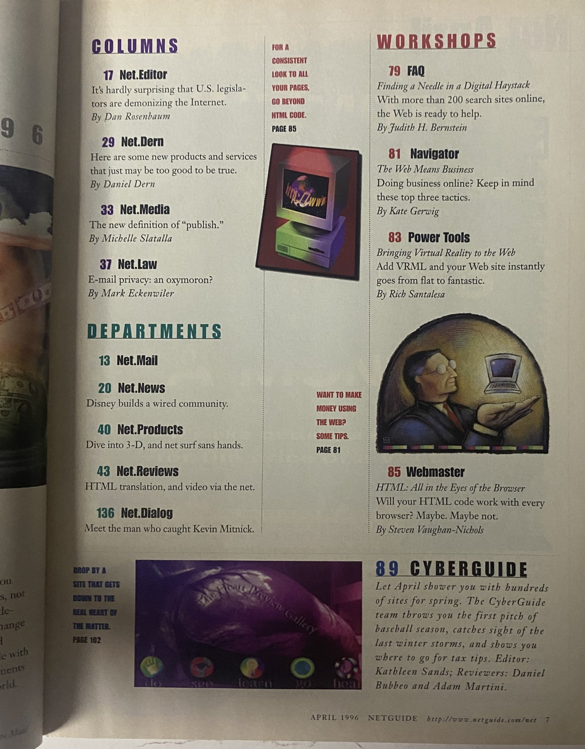 Interior page from NetGuide Magazine April 1996 listing columns and workshops, including topics such as browser compatibility and virtual reality in web design.