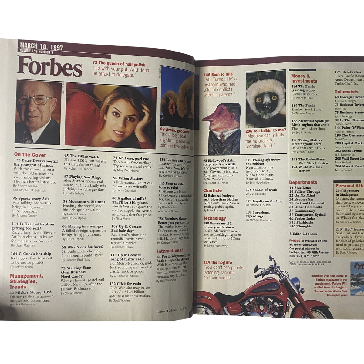 Inside spread of Forbes Magazine from March 10, 1997, showcasing the table of contents, featuring articles on Harley-Davidson, business strategies, and a glimpse of the cover story on Peter Drucker.