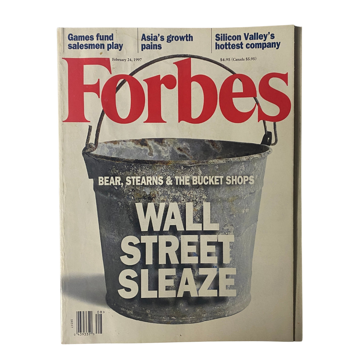 Forbes Magazine cover from February 24, 1997, featuring the title 'Wall Street Sleaze,' with an image of a rusted bucket. The issue examines Bear Stearns and its associations with notorious brokerage houses.