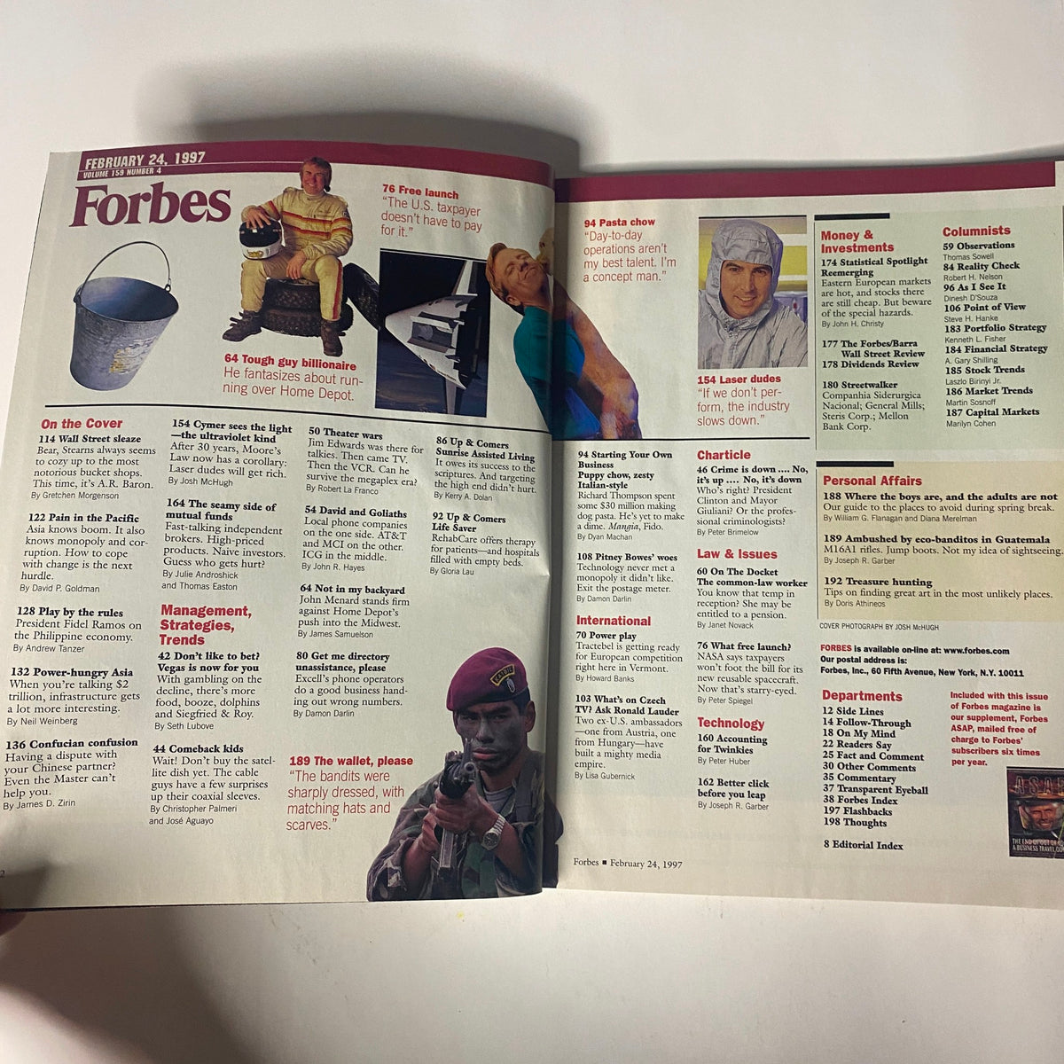 Inside spread of Forbes Magazine dated February 24, 1997, highlighting articles and features, including 'Wall Street Sleaze.' The layout includes a detailed table of contents alongside visual elements from the magazine.