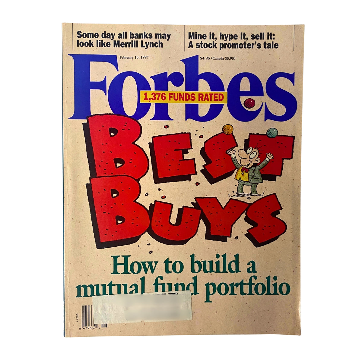 Cover of Forbes Magazine February 10, 1997 titled 'Best Buys' featuring the article 'How to Build a Mutual Fund Portfolio', illustrated with playful graphics and headlines.