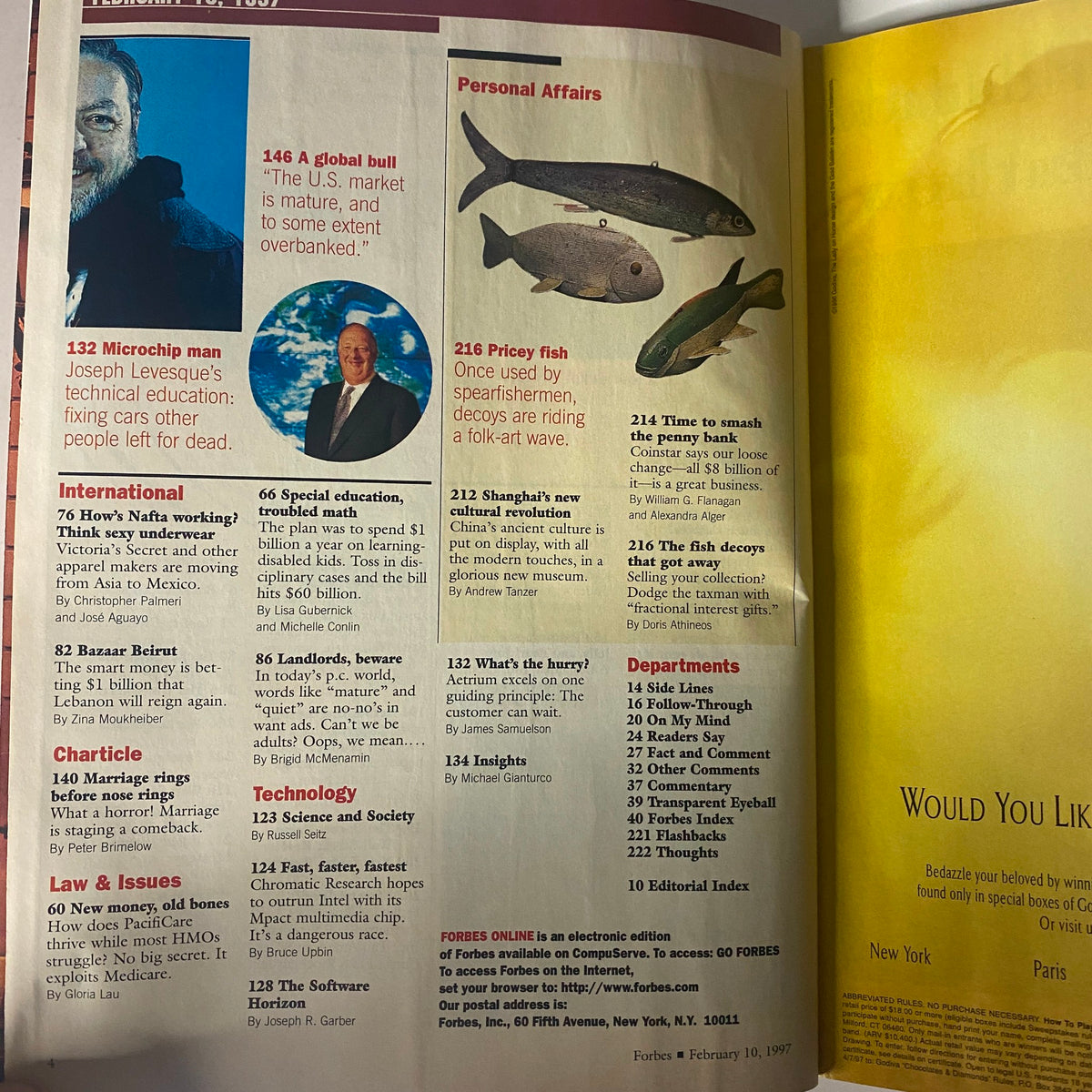 Inside spread of Forbes Magazine February 10, 1997, showcasing the table of contents with headlines including 'A Global Bull' and 'Microchip Man'.