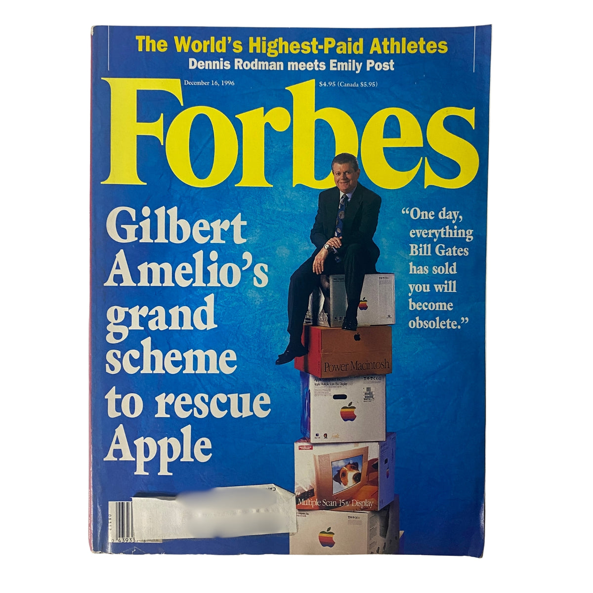 Forbes Magazine cover from December 16, 1996 featuring Gilbert Amelio, titled 'Gilbert Amelio's grand scheme to rescue Apple'. The cover highlights the story about Apple's new operating system strategy.