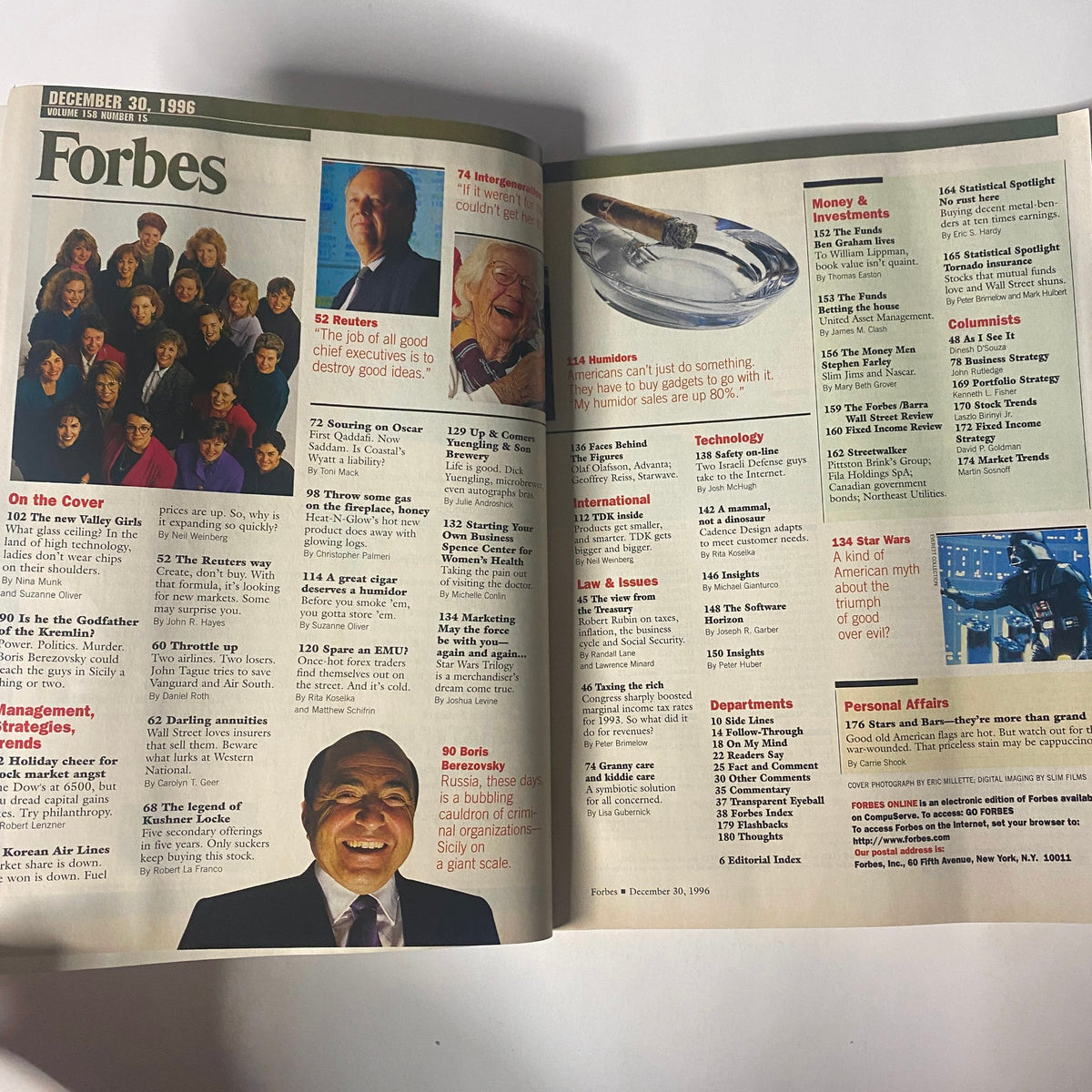 Inside page of Forbes Magazine from December 30, 1996, displaying articles and highlights, including a feature on Boris Berezovsky and technology topics related to 'The New Valley Girls'.