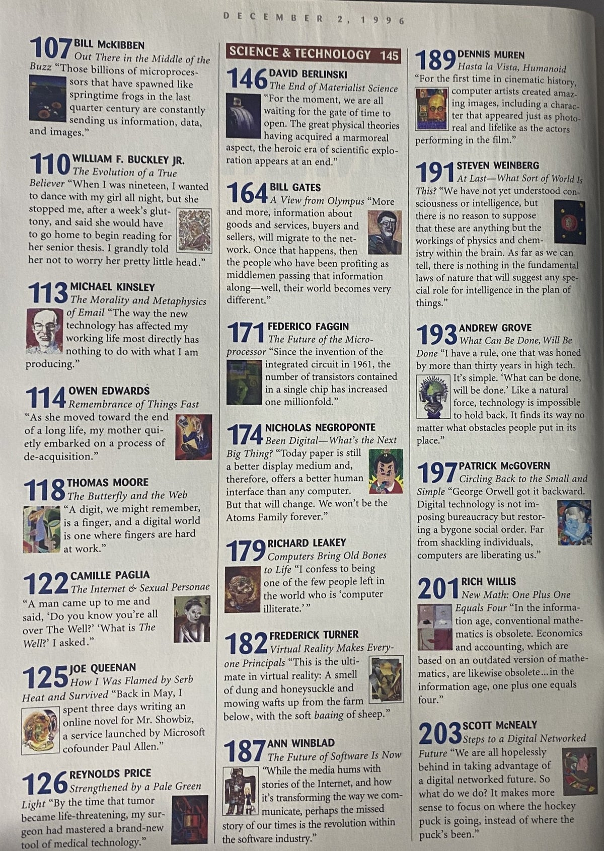 Content page of Forbes Magazine December 2, 1996 'The Big Issue', listing key articles and contributors including Bill Gates, Camille Paglia, and Andrew Grove, with topics focused on technology and the digital future.