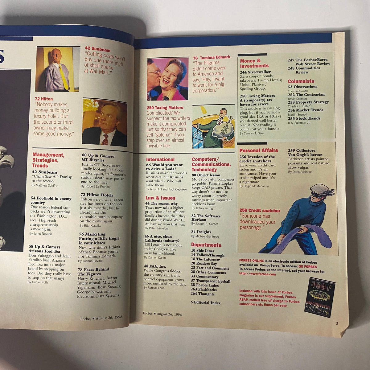 Inside page of Forbes Magazine August 26, 1996 displaying selected articles and highlights. The layout includes articles on Sunbeam, marketing strategies, and personal affairs concerning identity theft.