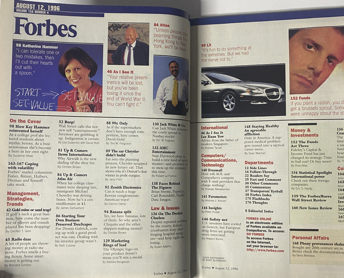 Interior page of Forbes Magazine August 12, 1996 Vol 158 No. 4, featuring an article list including Kay Hammer's cover story 'How Kay Hammer Reinvented Herself' and various topics on investments, business strategies, and market analysis.