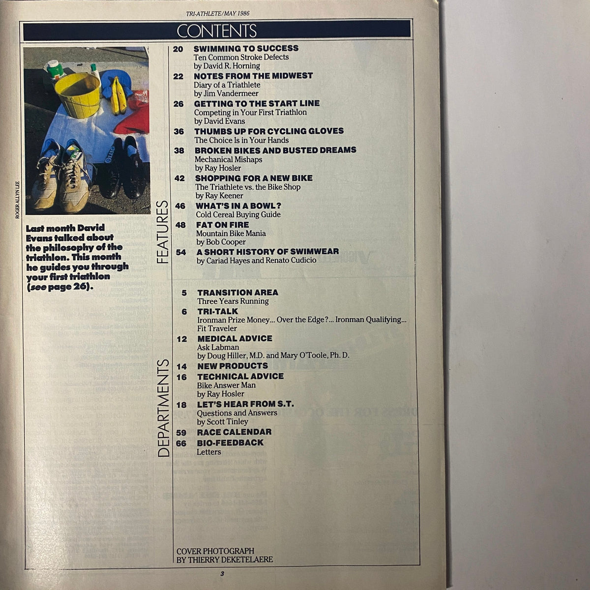 Contents page from TriAthlete Magazine May 1986, listing features on swimming, biking, and triathlon training, including 'Swimming to Success' and 'Getting to the Start Line'.