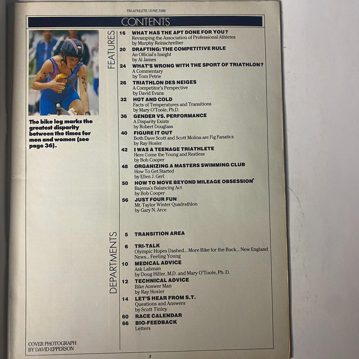 Contents page of Tri-Athlete Magazine June 1986 highlighting features on teen triathletes and training philosophy, emphasizing the disparity between men and women in the sport.