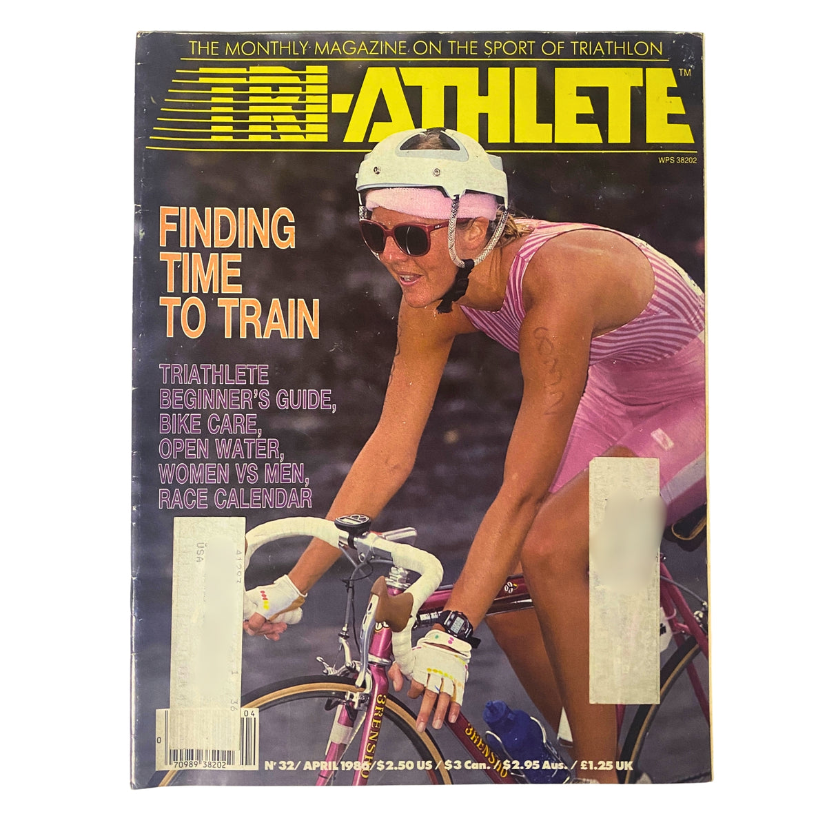 Cover of Tri-Athlete Magazine, April 1986, featuring the title 'Finding Time to Train' with a female triathlete cycling on the front. This edition serves as a beginner's guide for athletes.