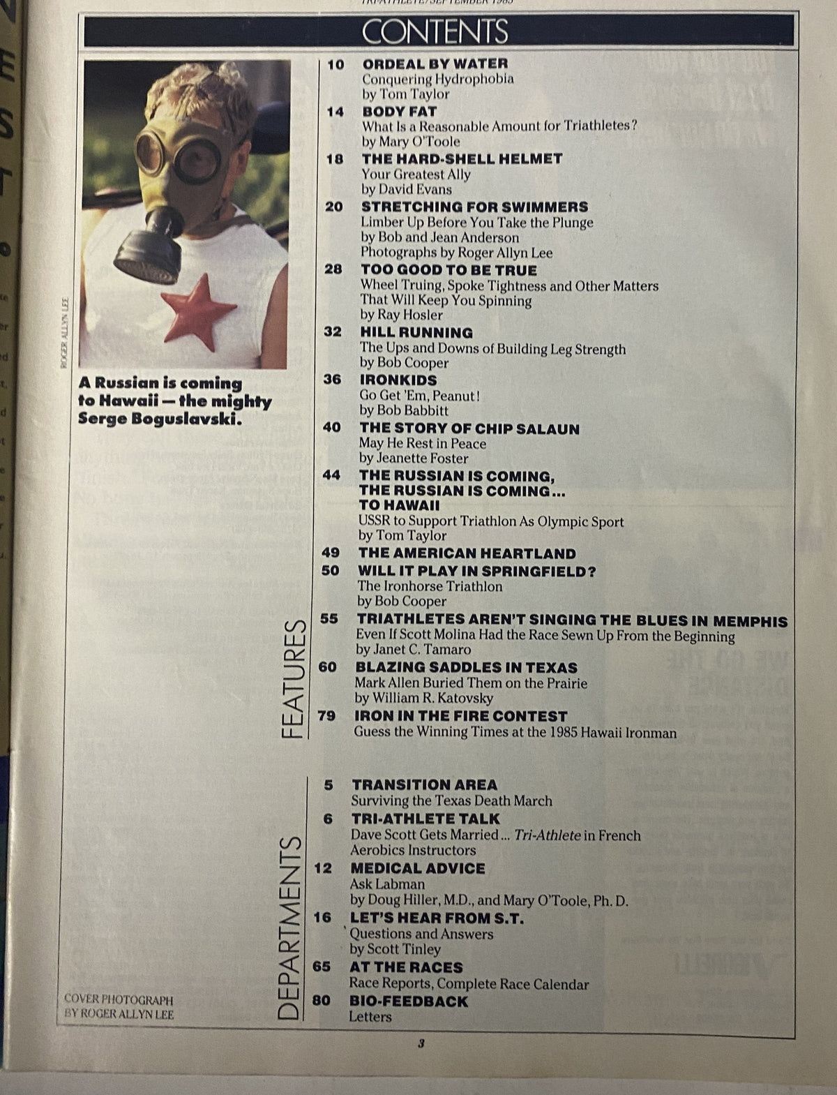 Contents page of Tri-Athlete Magazine September 1985, Issue No. 25. Features include articles on hydrophobia, helmet safety, and training advice. Highlights the piece 'A Russian is coming to Hawaii' featuring Serge Boguslavski.