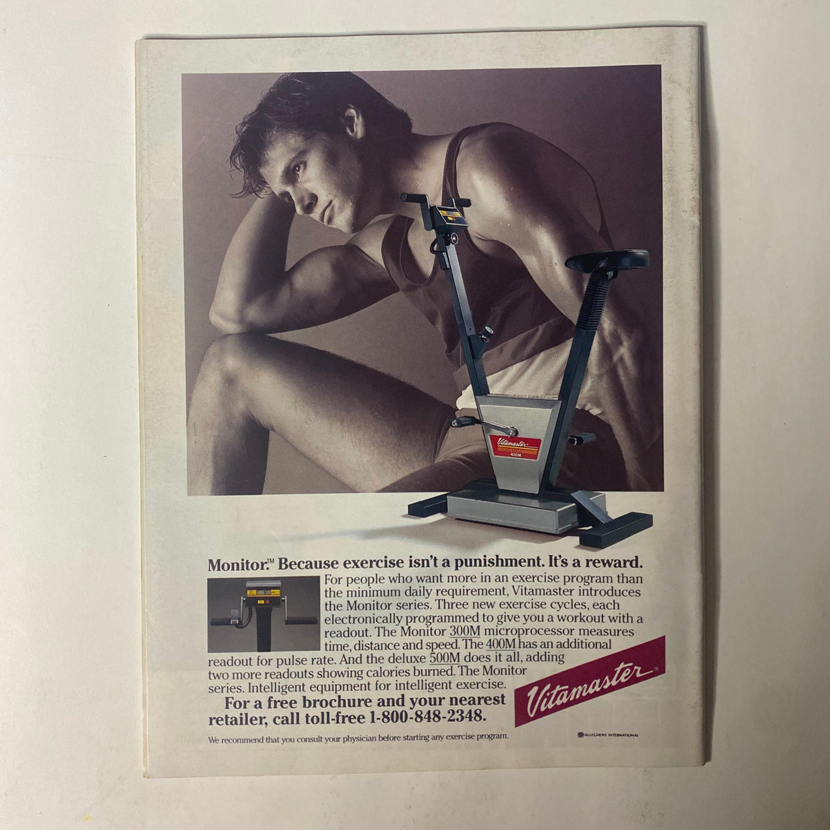 Vintage advertisement from TriAthlete Magazine November 1985 showcasing the Vitamaster exercise program, featuring an athletic model demonstrating exercise. The ad emphasizes the importance of fitness and includes the magazine title: TriAthlete Magazine November 1985 No. 27 Julie Moss Material Girl VG.