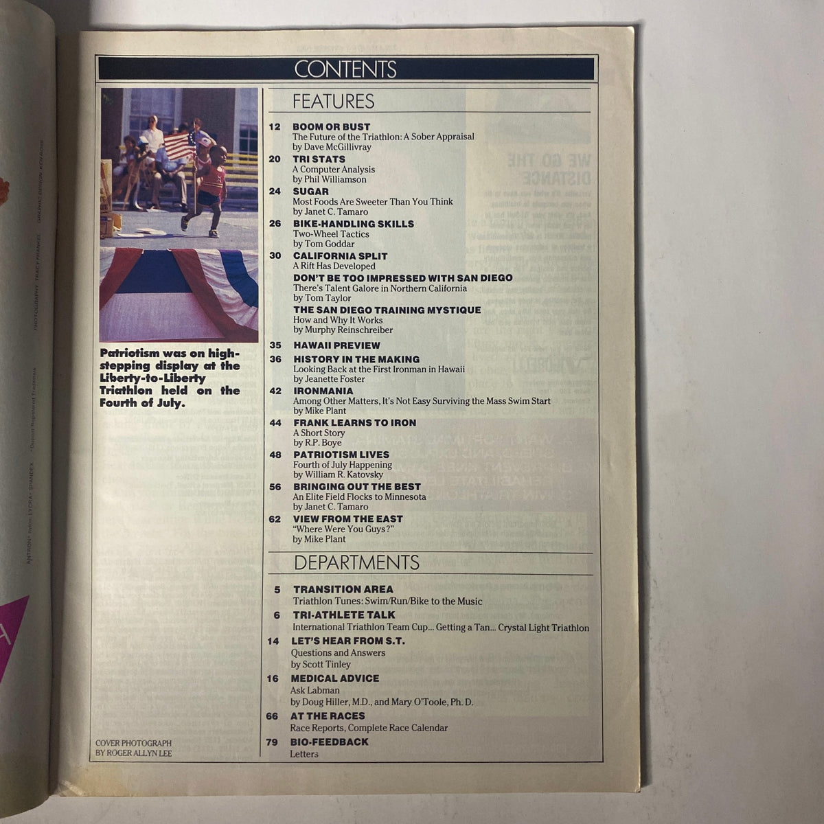TriAthlete Magazine October 1985 No. 26 Very First Ironman - Contents page featuring articles and features including ‘Boom or Bust’, ‘Tri Stats’, and ‘California Split’.
