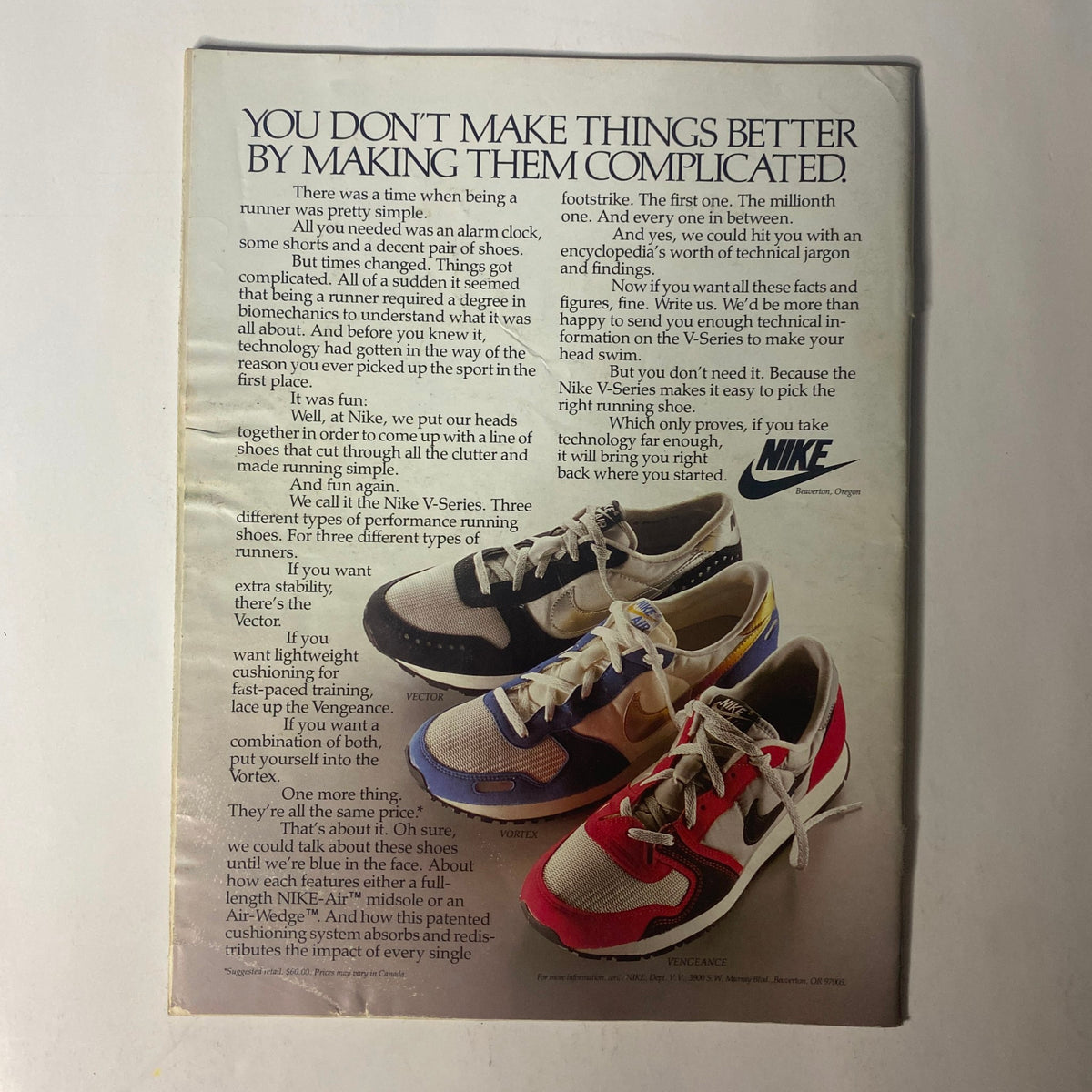 TriAthlete Magazine October 1985 No. 26 Very First Ironman - Vintage Nike advertisement showcasing various running shoes and their performance features.