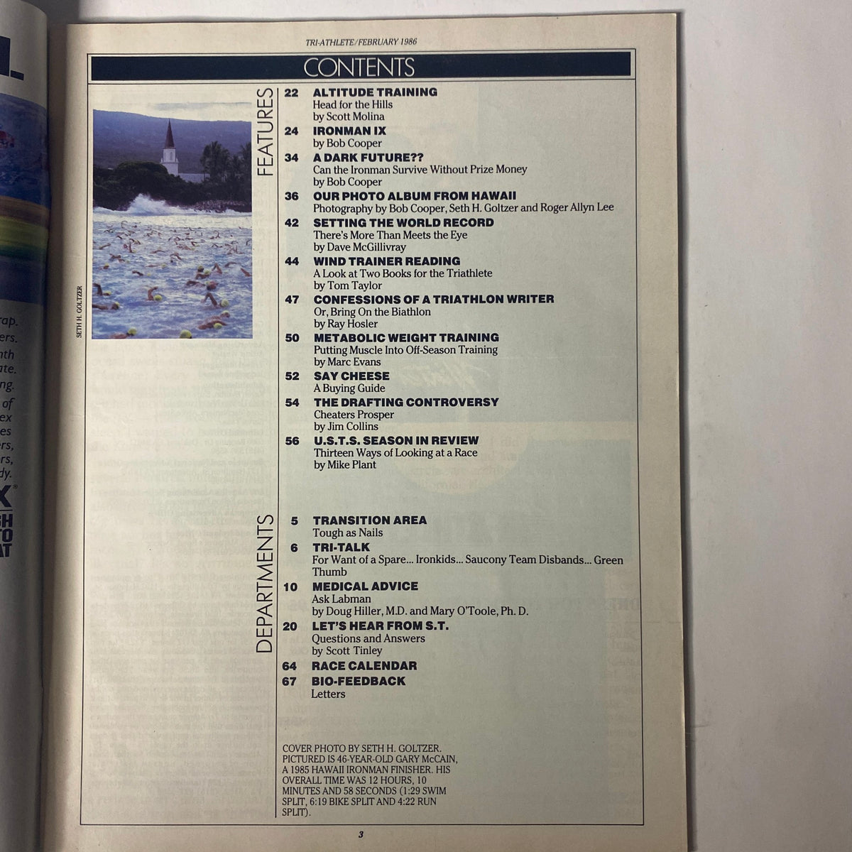 Contents page of TriAthlete Magazine February 1986 No. 30 featuring articles on Ironman IX and altitude training.