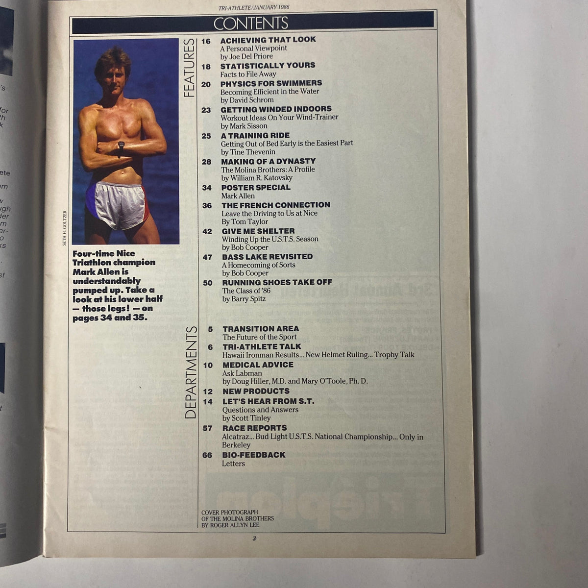 Contents page of TriAthlete Magazine January 1986, No. 29, highlighting features and departments such as 'Achieving That Look' and insights from triathlon champion Mark Allen.